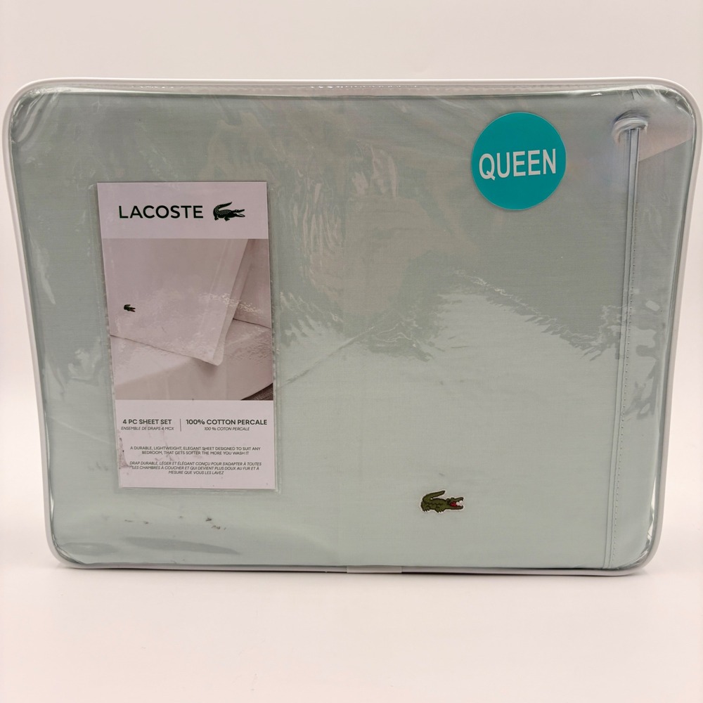 Lacoste Queen Sheet Set 4pc 100% Cotton Percale Pale Aqua Green New